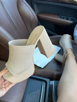 Peep-Toe Knit Platform Heels Slides