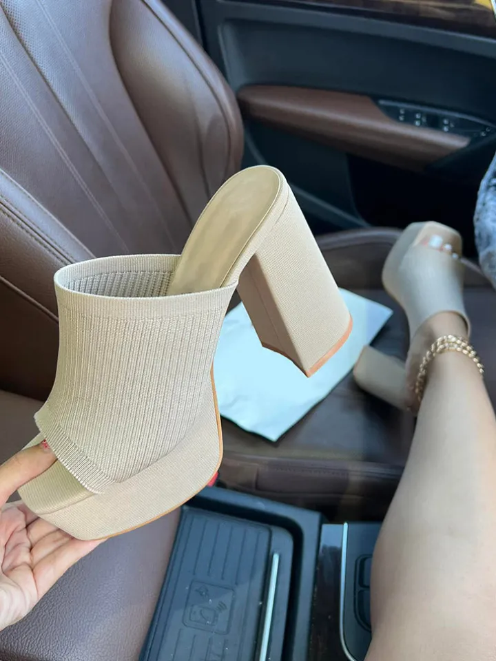 Peep-Toe Knit Platform Heels Slides