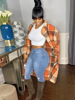 Plaid Button Down Long Shirt Jacket