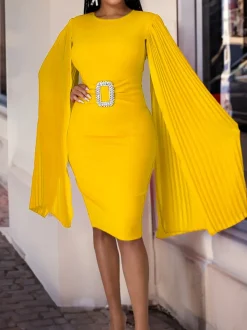 Pleated Cape Sleeve Midi Dress