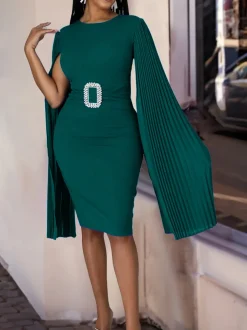 Pleated Cape Sleeve Midi Dress