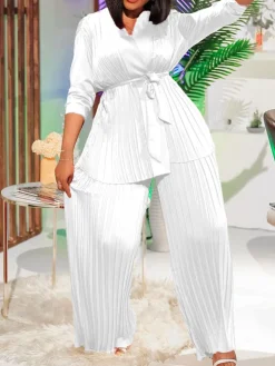 Pleated Long Sleeve Shirt and Pants Set with Belt