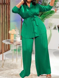 Pleated Long Sleeve Shirt and Pants Set with Belt