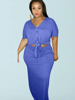 Plus Size 2 Piece Button Twist Knot Top Pocket Skirt Set