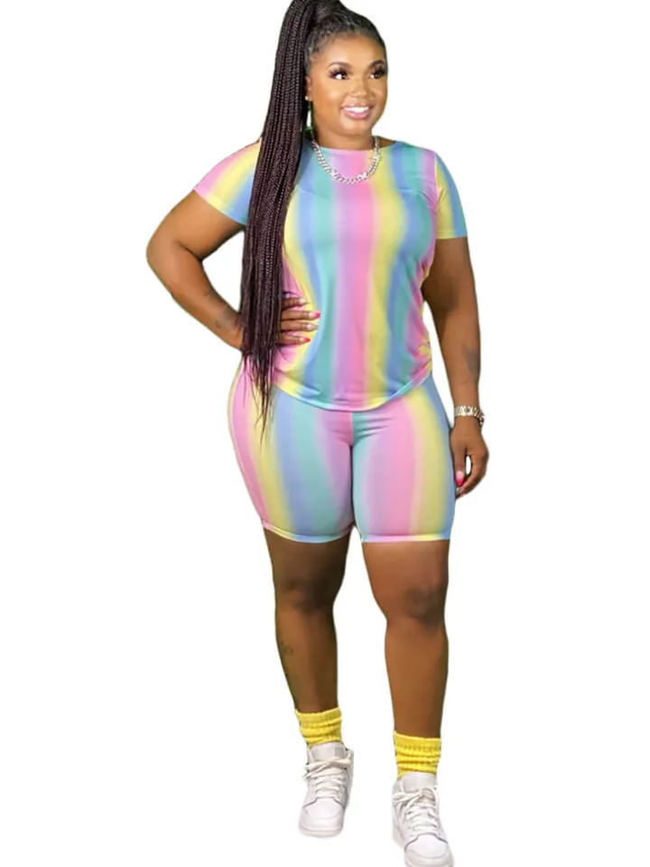 Plus Size 2 Piece Tie Dyed Top Bodycon shorts Set