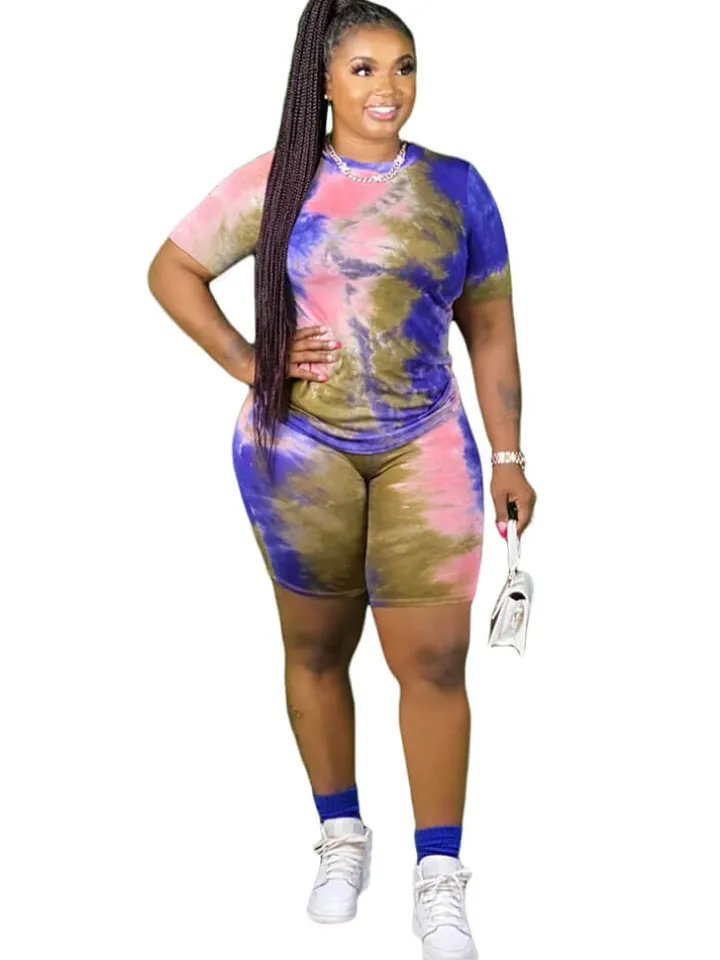 Plus Size 2 Piece Tie Dyed Top Bodycon shorts Set