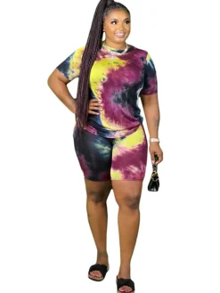 Plus Size 2 Piece Tie Dyed Top Bodycon shorts Set