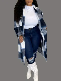 Plus Size Button Down Plaid Print Cardigan