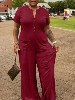 Plus Size Casual Solid Color Jumpsuit with Pockets