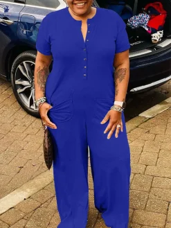 Plus Size Casual Solid Color Jumpsuit with Pockets