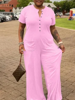 Plus Size Casual Solid Color Jumpsuit with Pockets