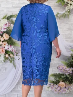 Plus Size Chiffon Floral Embroidered Midi Dress