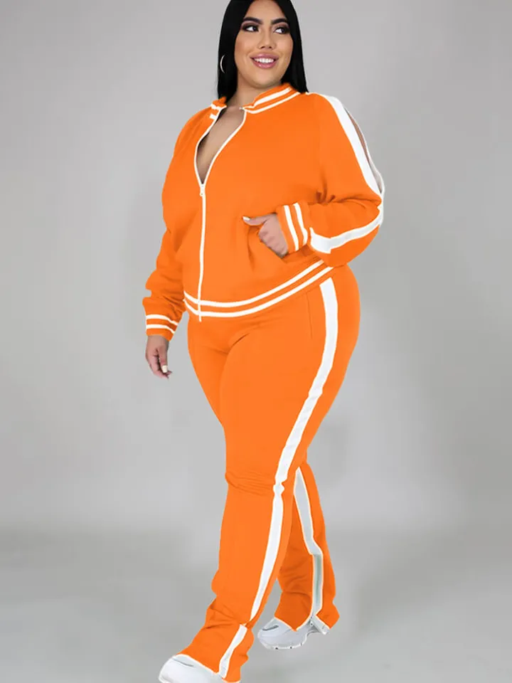 Plus Size Cold Shoulder Jacket Pants Set