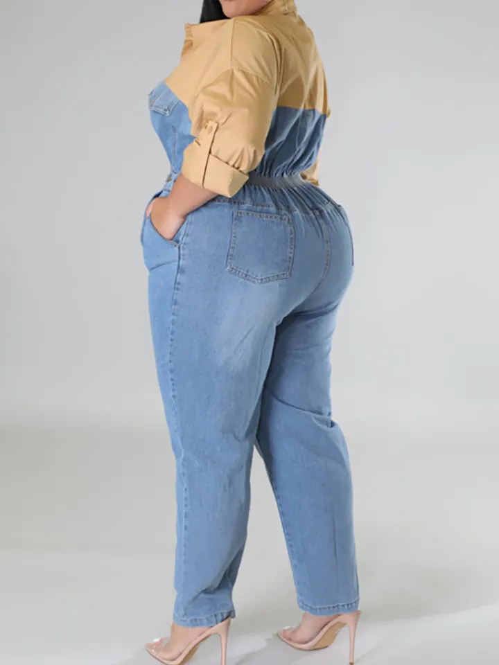 Plus Size Color Block Denim Jumpsuit
