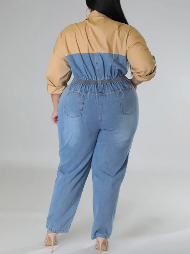 Plus Size Color Block Denim Jumpsuit