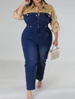 Plus Size Color Block Denim Jumpsuit