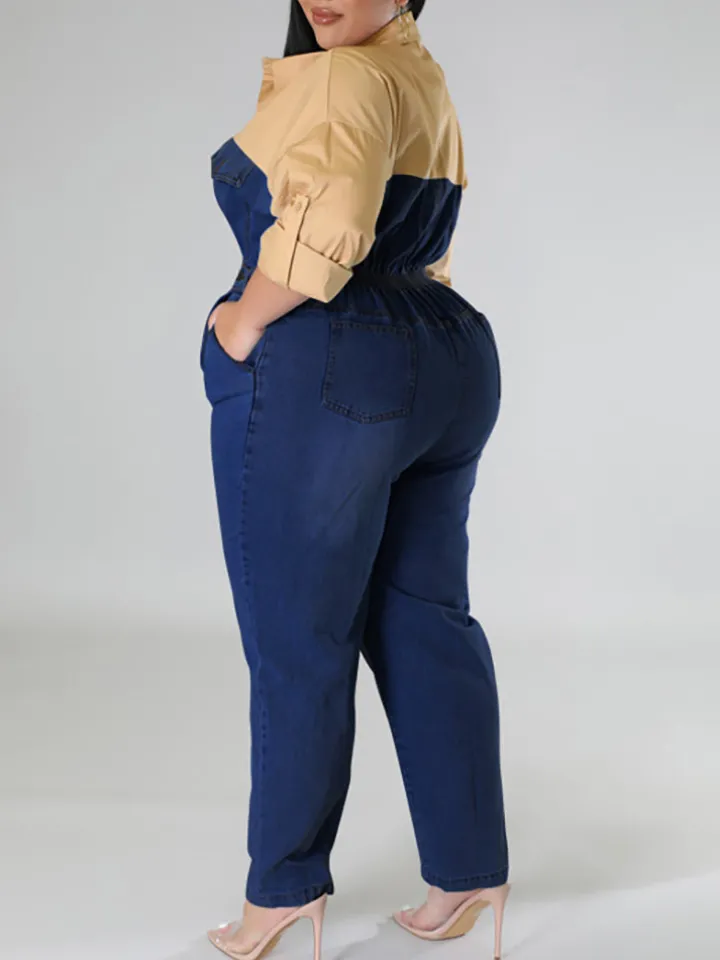 Plus Size Color Block Denim Jumpsuit