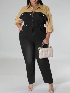 Plus Size Color Block Denim Jumpsuit
