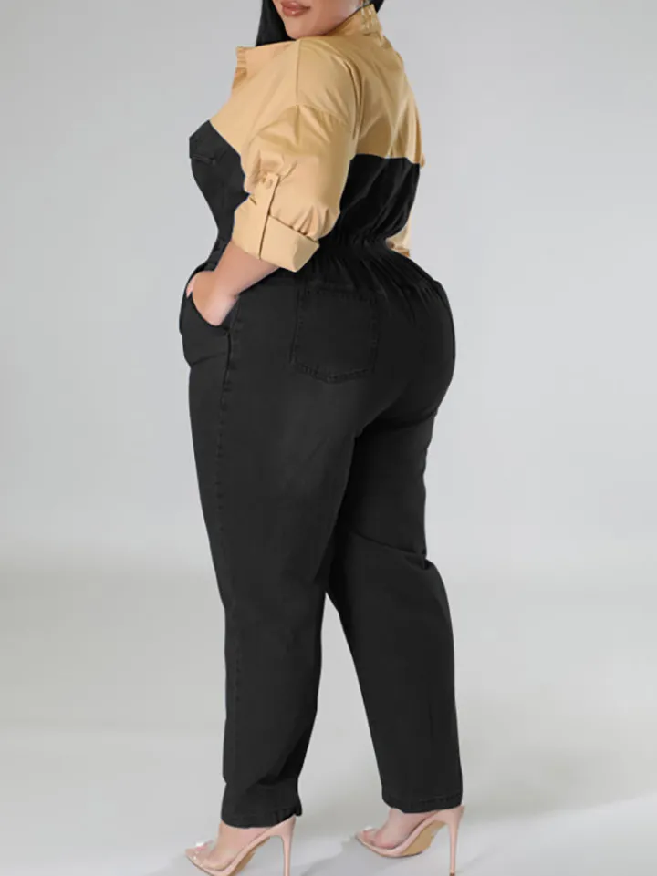 Plus Size Color Block Denim Jumpsuit