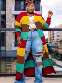 Plus Size Color Block Long Sleeve Sweater Cardigan