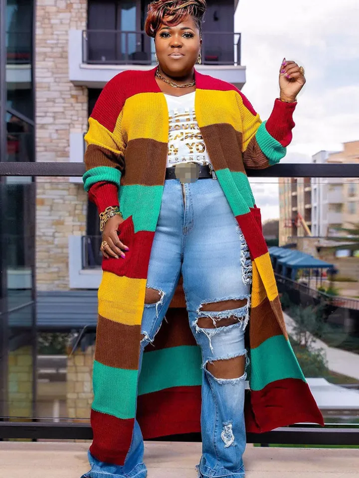 Plus Size Color Block Long Sleeve Sweater Cardigan