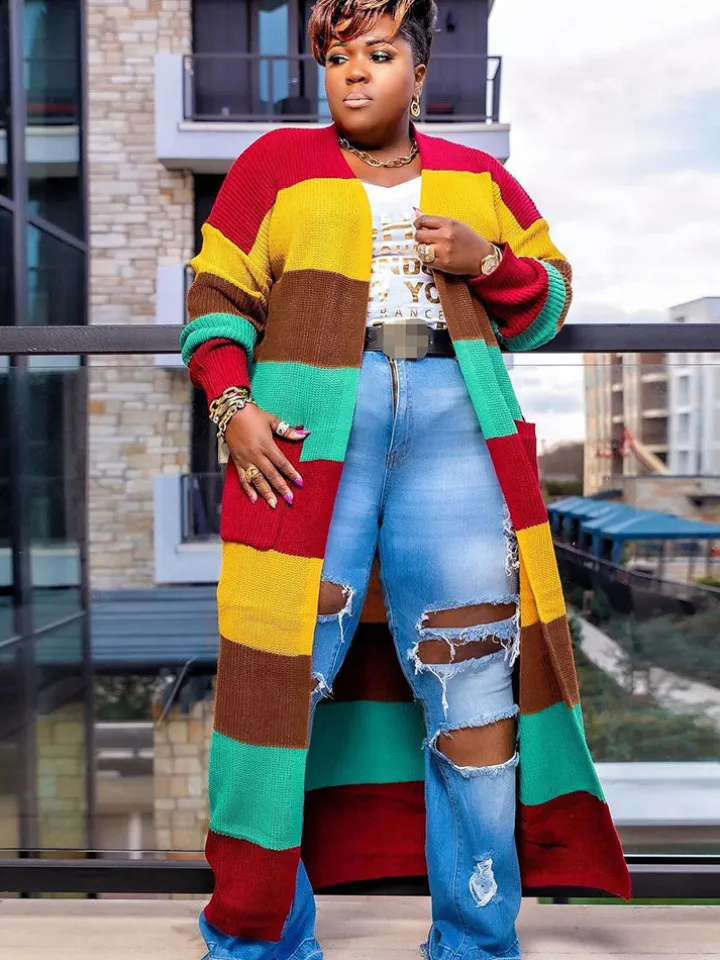 Plus Size Color Block Long Sleeve Sweater Cardigan
