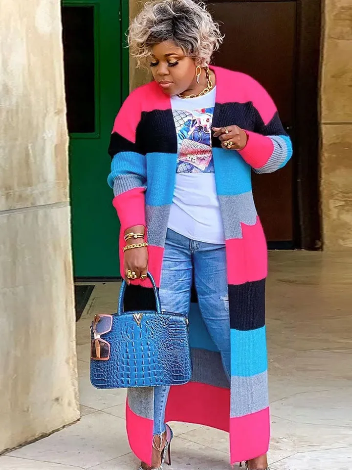 Plus Size Color Block Long Sleeve Sweater Cardigan