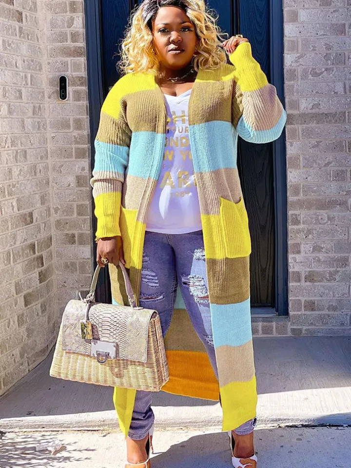 Plus Size Color Block Long Sleeve Sweater Cardigan