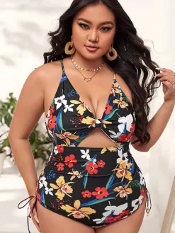 Plus Size Floral Print Backless Swimsuit