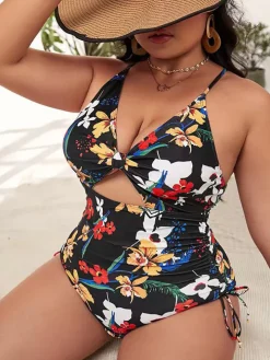Plus Size Floral Print Backless Swimsuit