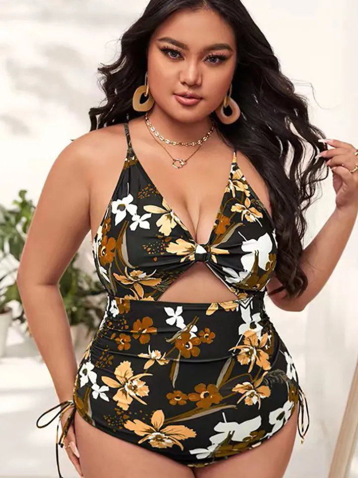 Plus Size Floral Print Backless Swimsuit