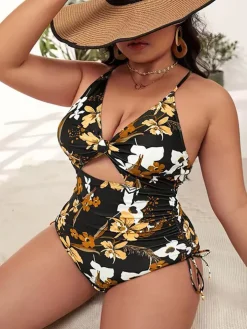 Plus Size Floral Print Backless Swimsuit