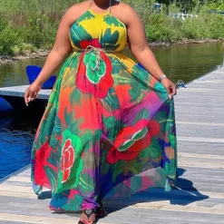 Plus Size Floral Print Halter Neck Maxi Dress