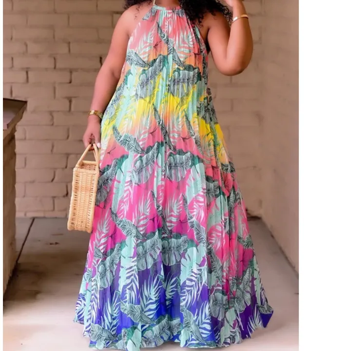 Plus Size Floral Print Halter Neck Maxi Dress