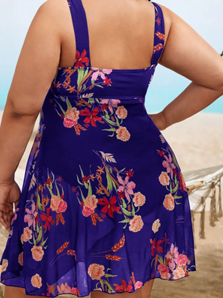 Plus Size Floral Print Mesh Bikini Bodysuit