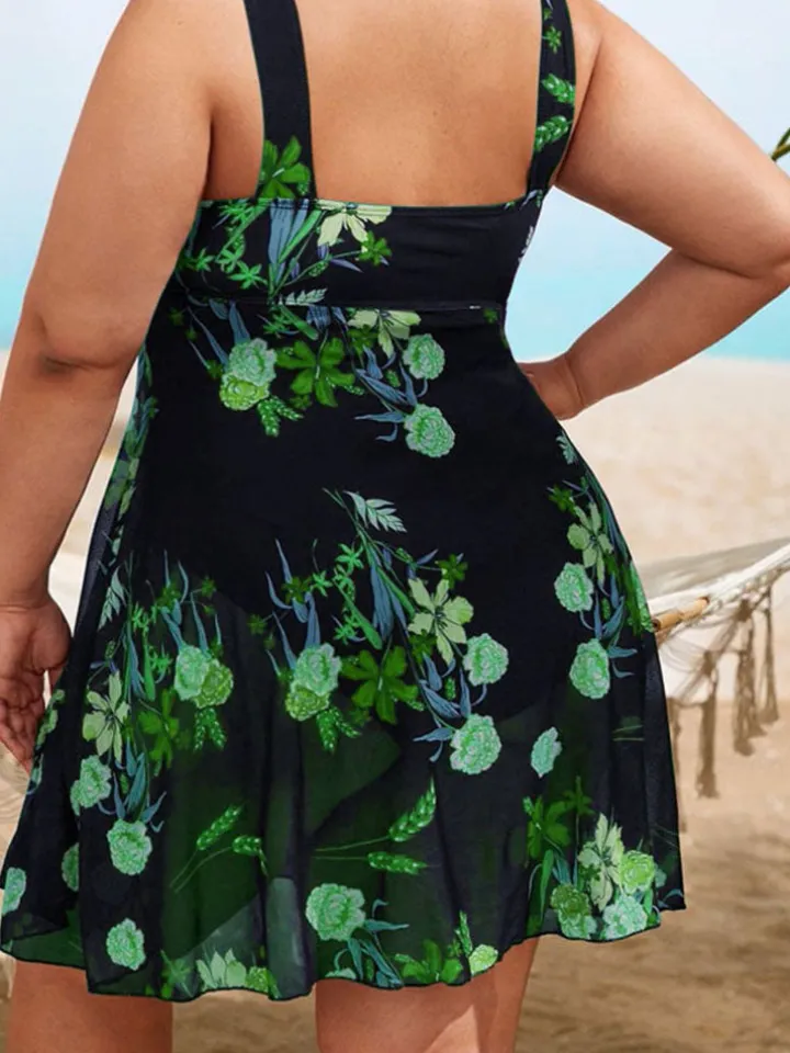 Plus Size Floral Print Mesh Bikini Bodysuit