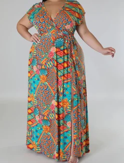 Plus Size Floral Print Split Maxi Dress
