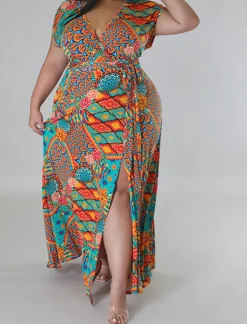 Plus Size Floral Print Split Maxi Dress