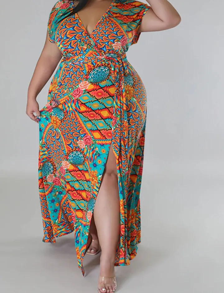 Plus Size Floral Print Split Maxi Dress