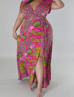 Plus Size Floral Print Split Maxi Dress