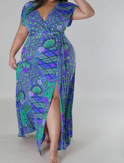 Plus Size Floral Print Split Maxi Dress