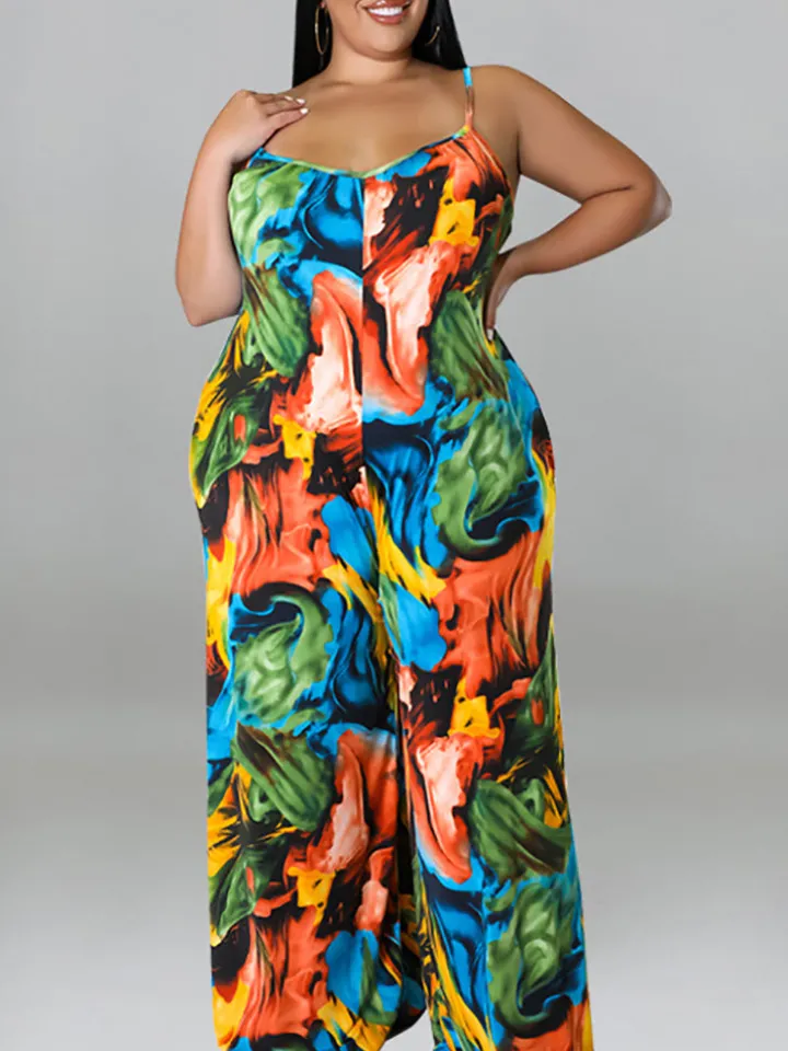Plus Size Floral Print Strap Jumpsuit with Belt