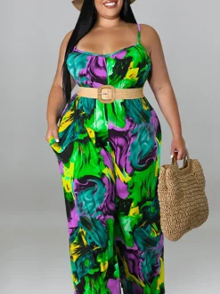 Plus Size Floral Print Strap Jumpsuit with Belt