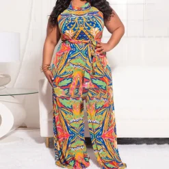 Plus Size Floral Sleeveless Wide Leg Jumpsuit