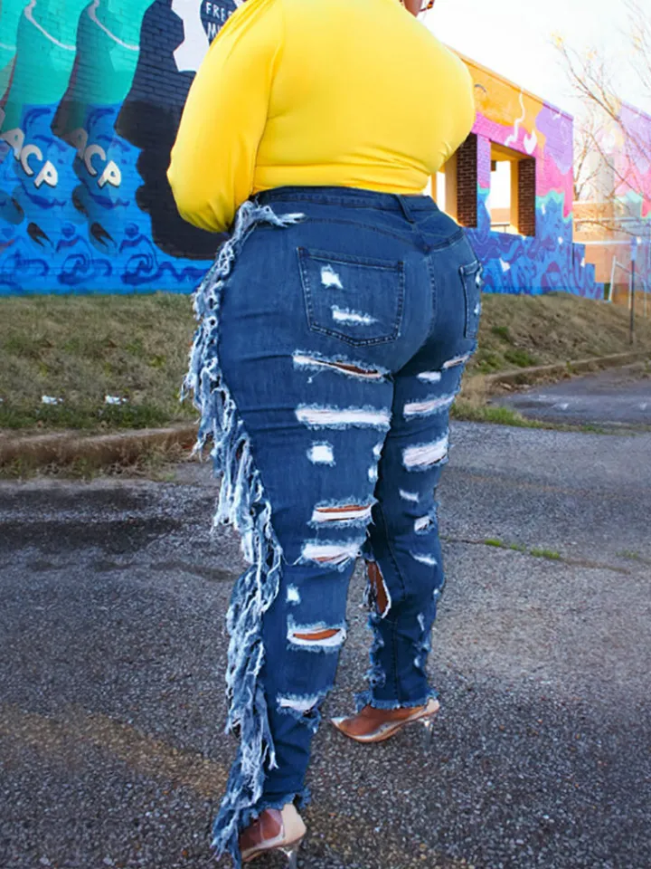Plus Size Fringe Ripped Cutout Denim Jeans