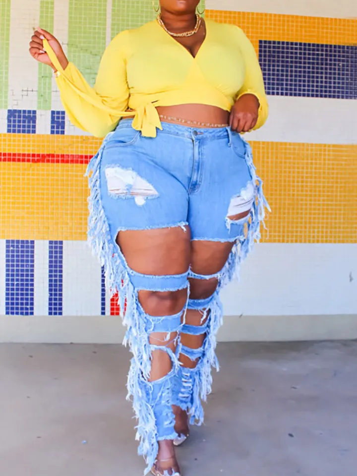 Plus Size Fringe Ripped Cutout Denim Jeans