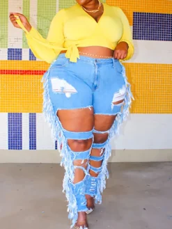 Plus Size Fringe Ripped Cutout Denim Jeans
