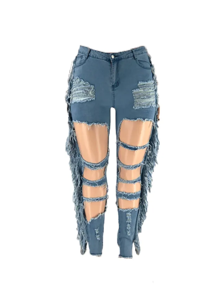Plus Size Fringe Ripped Cutout Denim Jeans