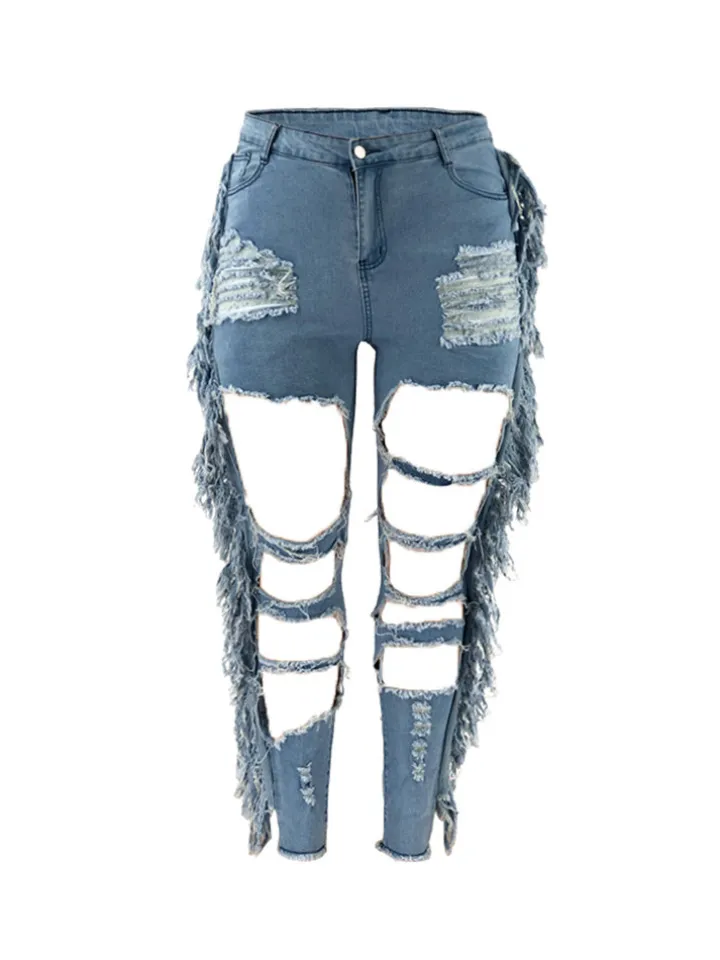 Plus Size Fringe Ripped Cutout Denim Jeans
