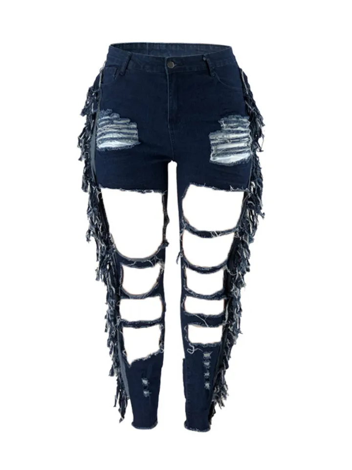Plus Size Fringe Ripped Cutout Denim Jeans